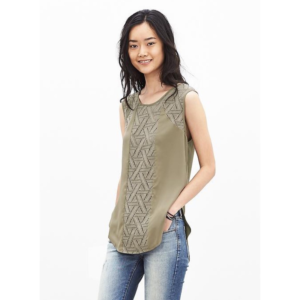 Banana Republic Sleeveless Top Women's L Olive Green Lace Detail Blouse‎